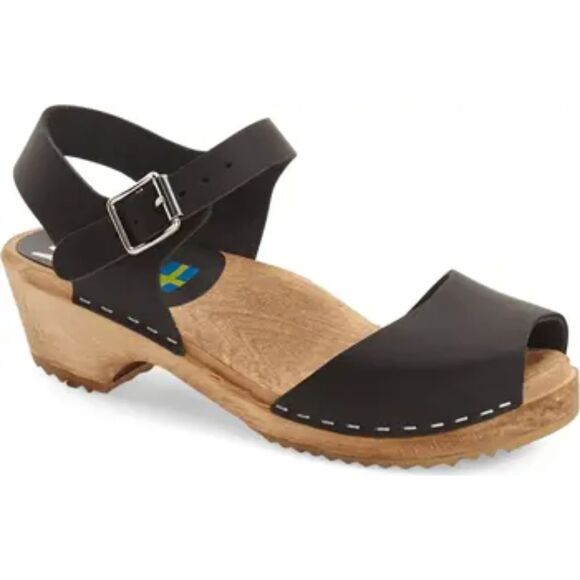 NWOT Mia Anja Swedish Leather Peep Toe Clog Sandals, Black, Sz. 37 (6.5) - Picture 1 of 9